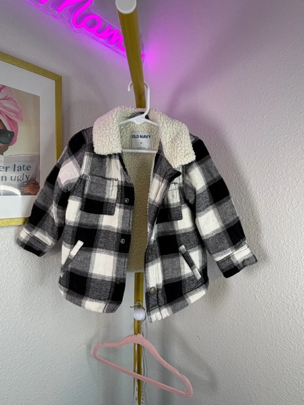 Old Navy Kids' Black & White Plaid Sherpa-Lined Jacket 2T